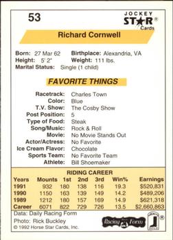 1992 Jockey Star #53 Richard Cornwell Back